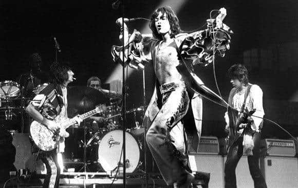 BRUSSELS, BELGIUM - MAY 06: The Rolling Stones perform live on stage at the Forest National in Brussels, Belgium on May 06 1976 as part of their European tour L-R Ron Wood, Charlie Watts, Mick Jagger, Keith Richards (Photo by Gijsbert Hanekroot/Redferns)