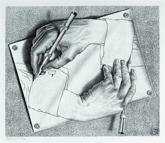 M. K. Escher: Χέρια που σχεδιάζουν (1948). Πηγή: archaiologia.gr